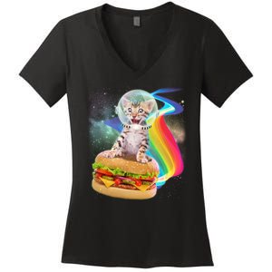 Rainbow Burger Space Cat Women's V-Neck T-Shirt