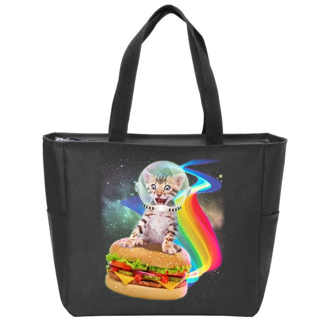 Rainbow Burger Space Cat Zip Tote Bag