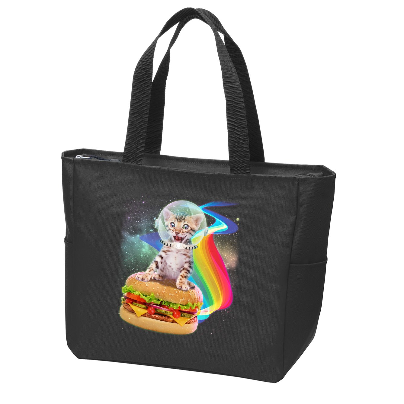 Rainbow Burger Space Cat Zip Tote Bag
