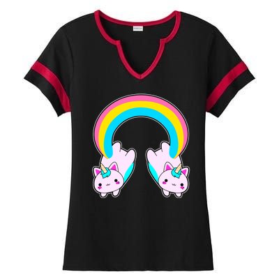 Rainbow Cat Twin Caticorns Ladies Halftime Notch Neck Tee