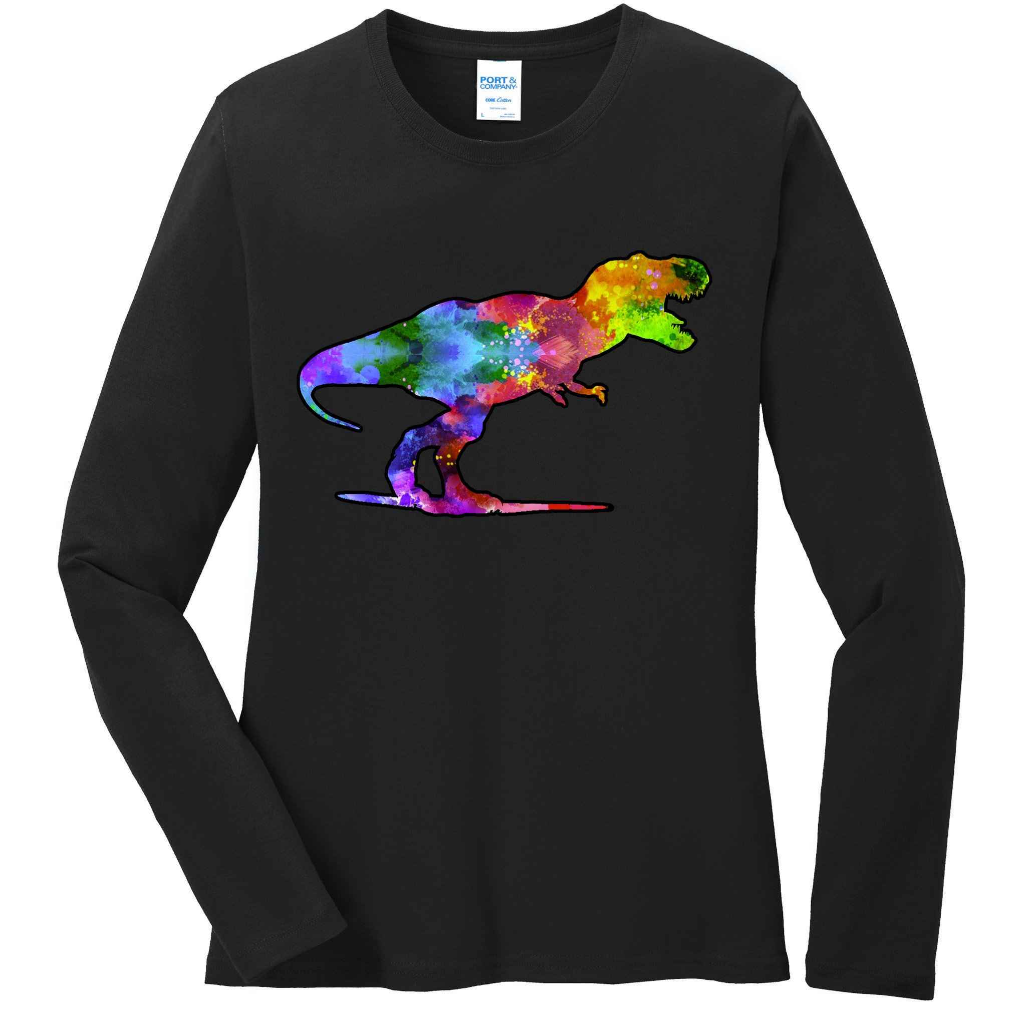 Rainbow Colorful Trex Dinosaur Ladies Long Sleeve Shirt