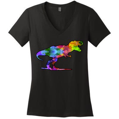 Rainbow Colorful Trex Dinosaur Women's V-Neck T-Shirt