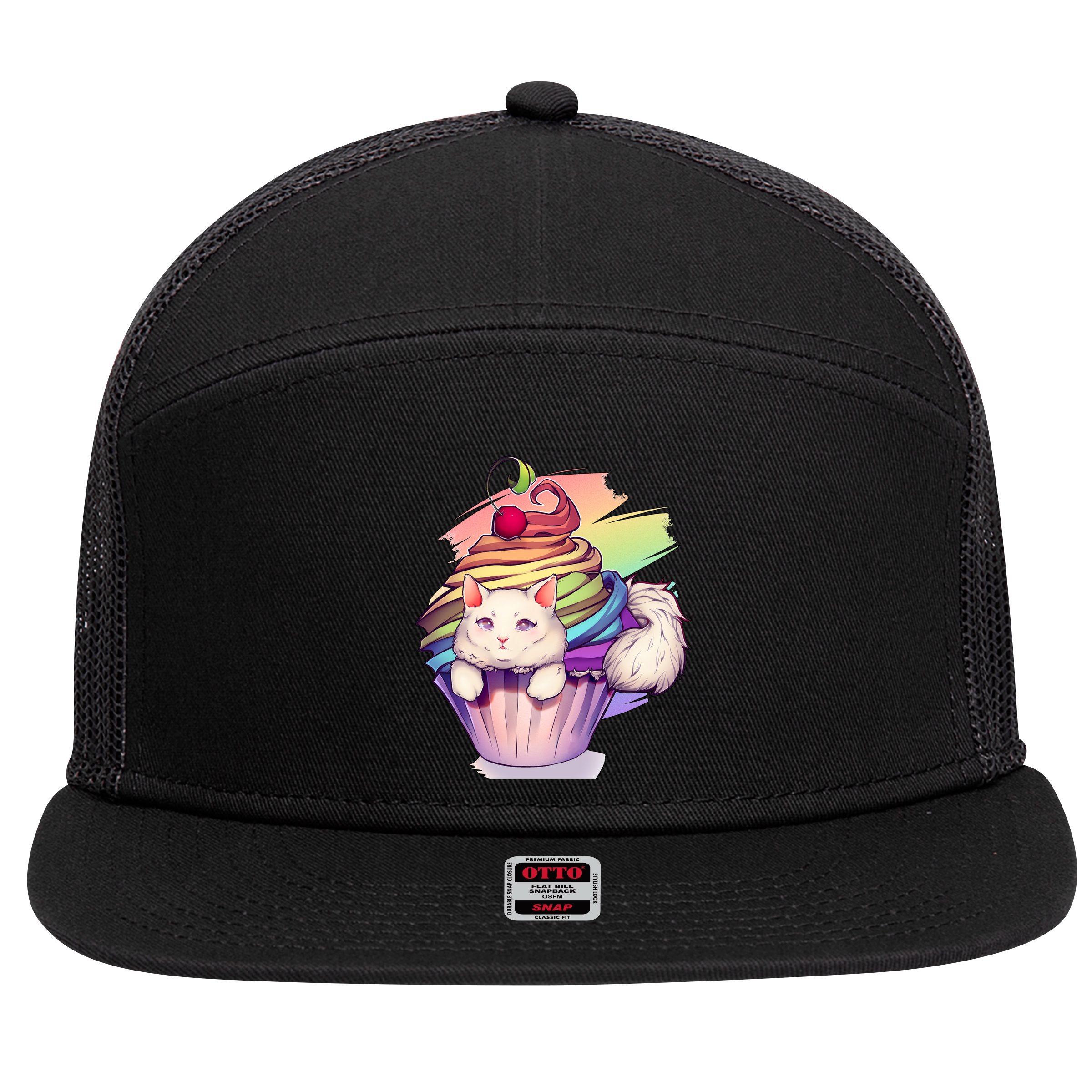 Rainbow Cupcake Kitten Cute Cat 7 Panel Mesh Trucker Snapback Hat