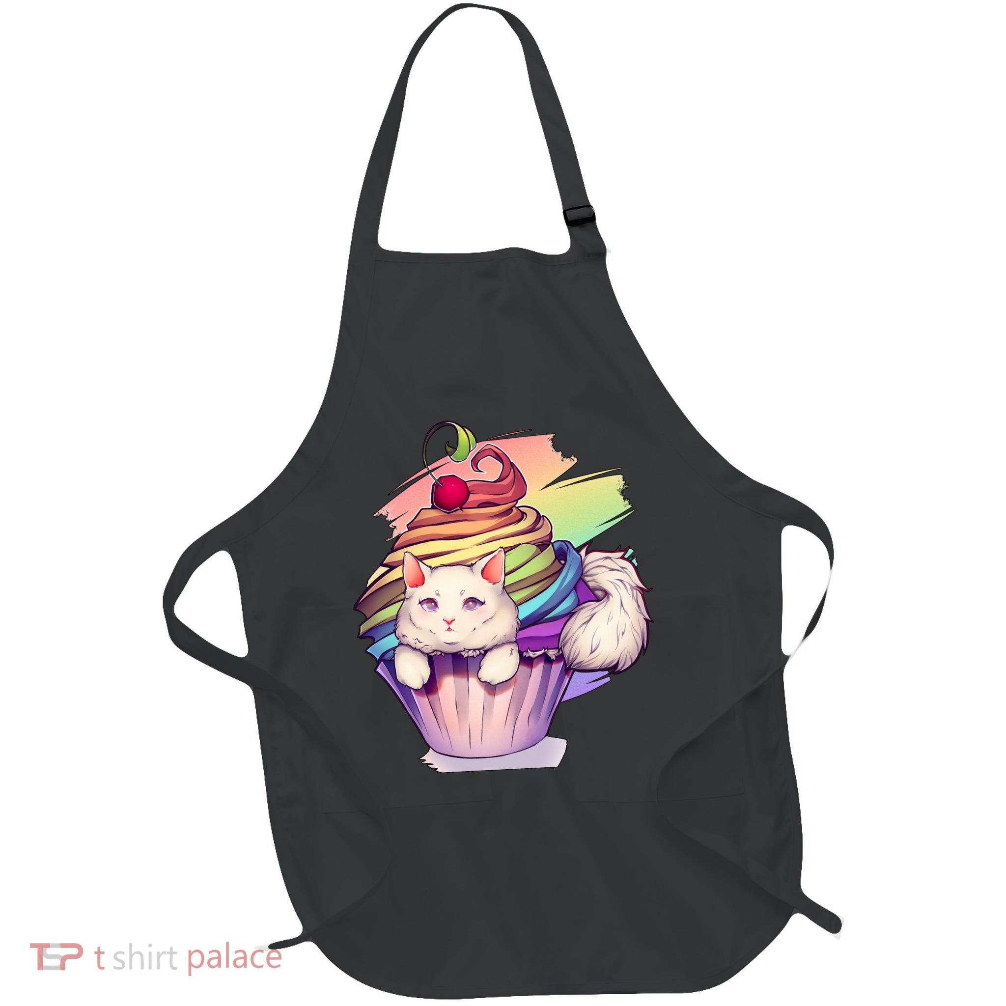 Rainbow Cupcake Kitten Cute Cat Full-Length Apron With Pockets