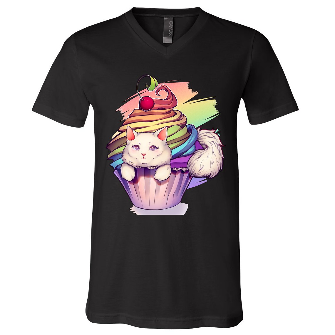 Rainbow Cupcake Kitten Cute Cat V-Neck T-Shirt