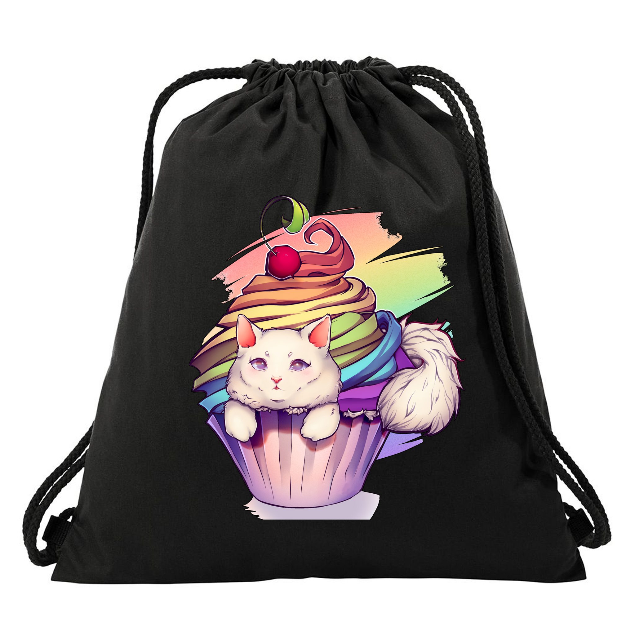 Rainbow Cupcake Kitten Cute Cat Drawstring Bag