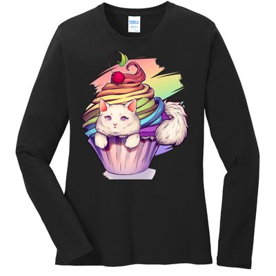 Rainbow Cupcake Kitten Cute Cat Ladies Long Sleeve Shirt