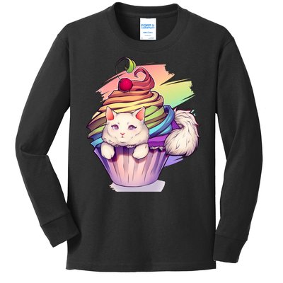 Rainbow Cupcake Kitten Cute Cat Kids Long Sleeve Shirt