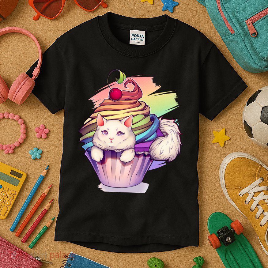 Rainbow Cupcake Kitten Cute Cat Kids T-Shirt