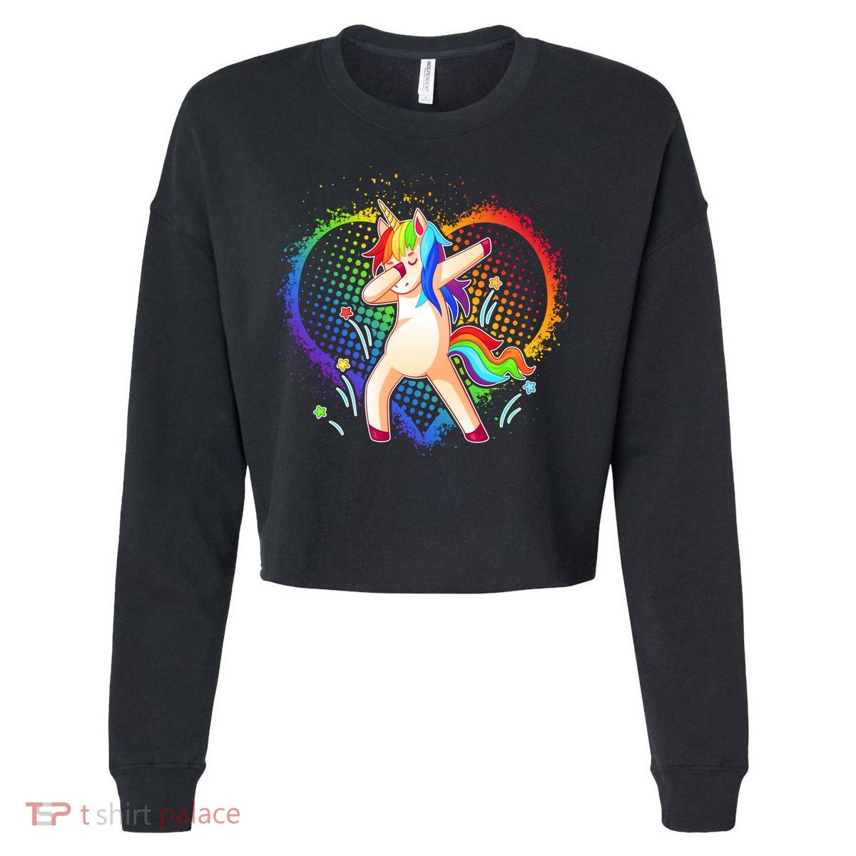 Rainbow Dabbing Unicorn Cropped Pullover Crew