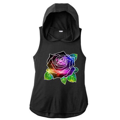 Rainbow Galaxy Floral Rose Ladies PosiCharge Tri-Blend Wicking Draft Hoodie Tank