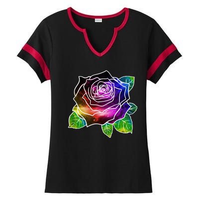 Rainbow Galaxy Floral Rose Ladies Halftime Notch Neck Tee