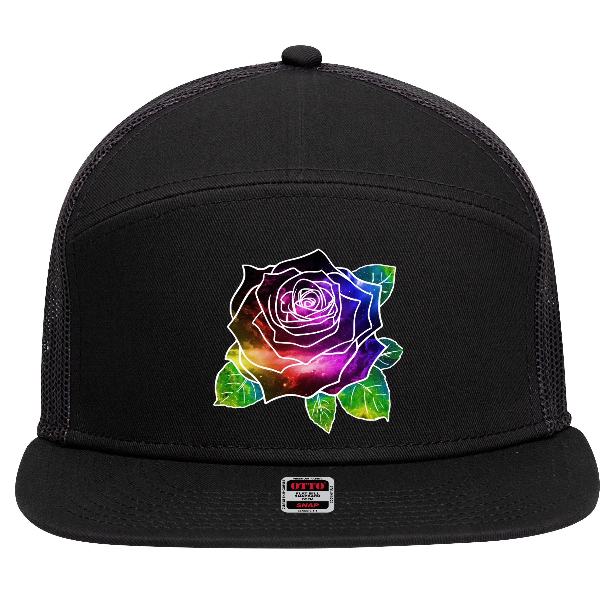 Rainbow Galaxy Floral Rose 7 Panel Mesh Trucker Snapback Hat