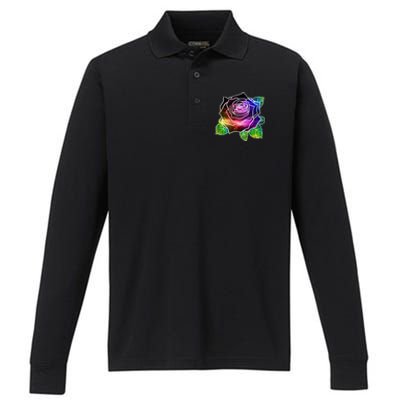 Rainbow Galaxy Floral Rose Performance Long Sleeve Polo