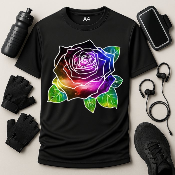 Rainbow Galaxy Floral Rose Cooling Performance Crew T-Shirt