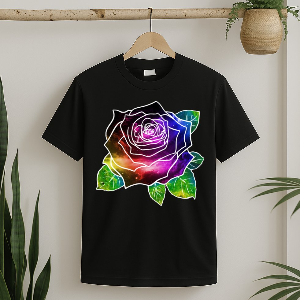 Rainbow Galaxy Floral Rose T-Shirt