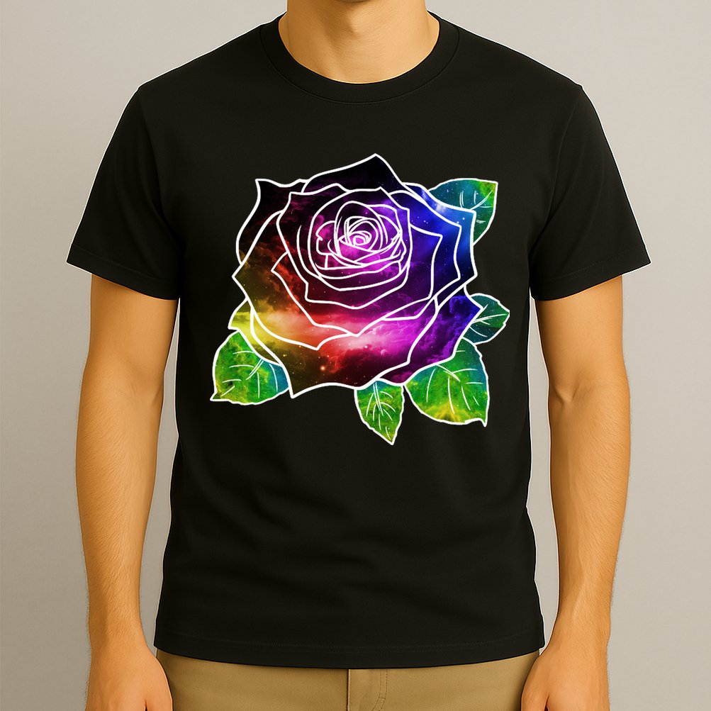 Rainbow Galaxy Floral Rose T-Shirt