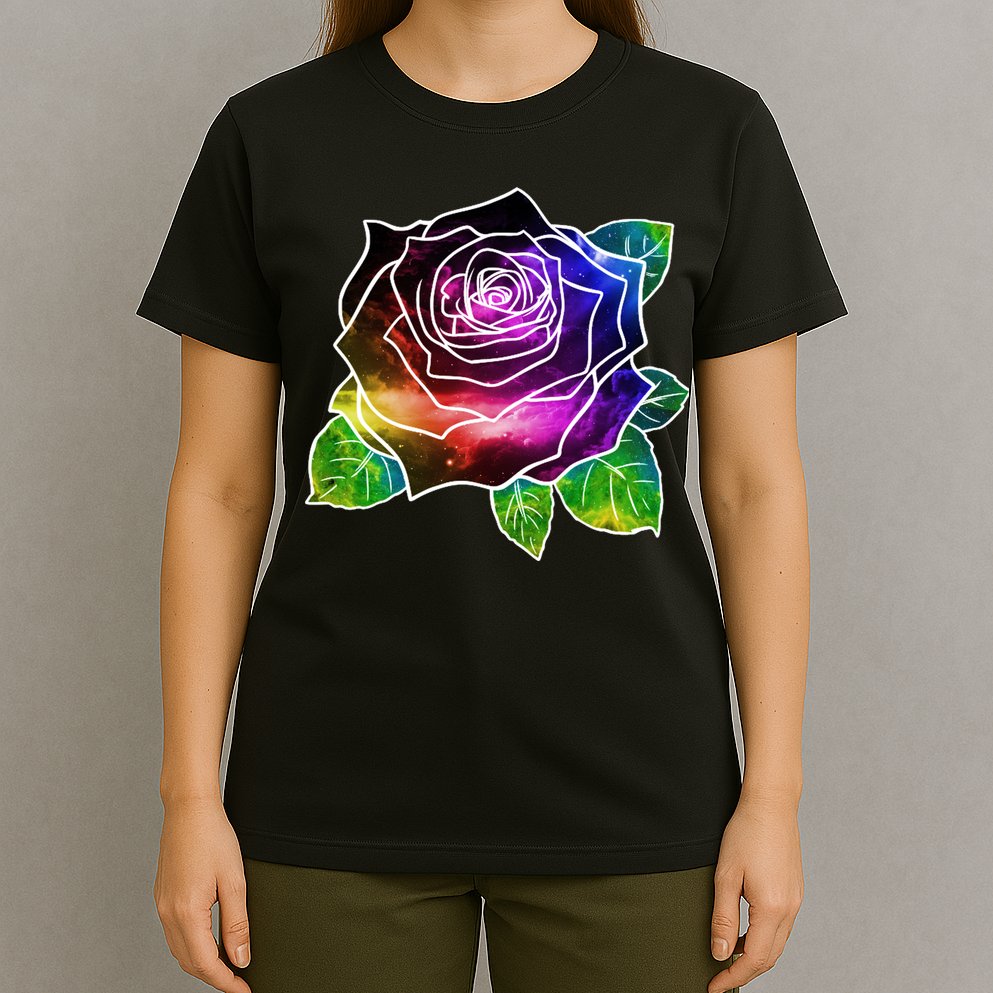 Rainbow Galaxy Floral Rose T-Shirt