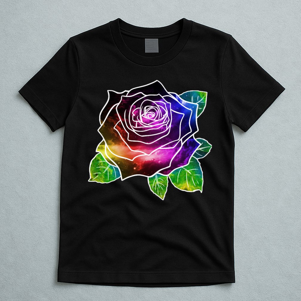 Rainbow Galaxy Floral Rose T-Shirt