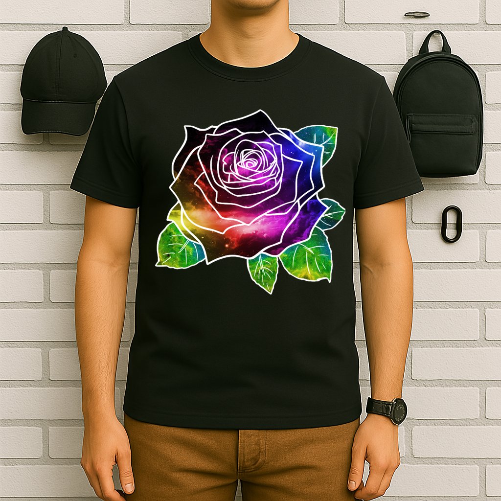 Rainbow Galaxy Floral Rose T-Shirt