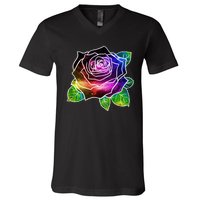 Rainbow Galaxy Floral Rose V-Neck T-Shirt