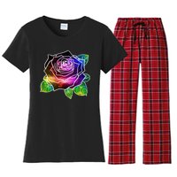 Rainbow Galaxy Floral Rose Women's Flannel Pajama Set