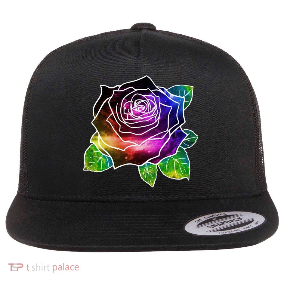 Rainbow Galaxy Floral Rose Flatbill Hat