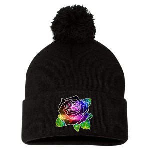 Rainbow Galaxy Floral Rose Pom Pom 12in Knit Beanie