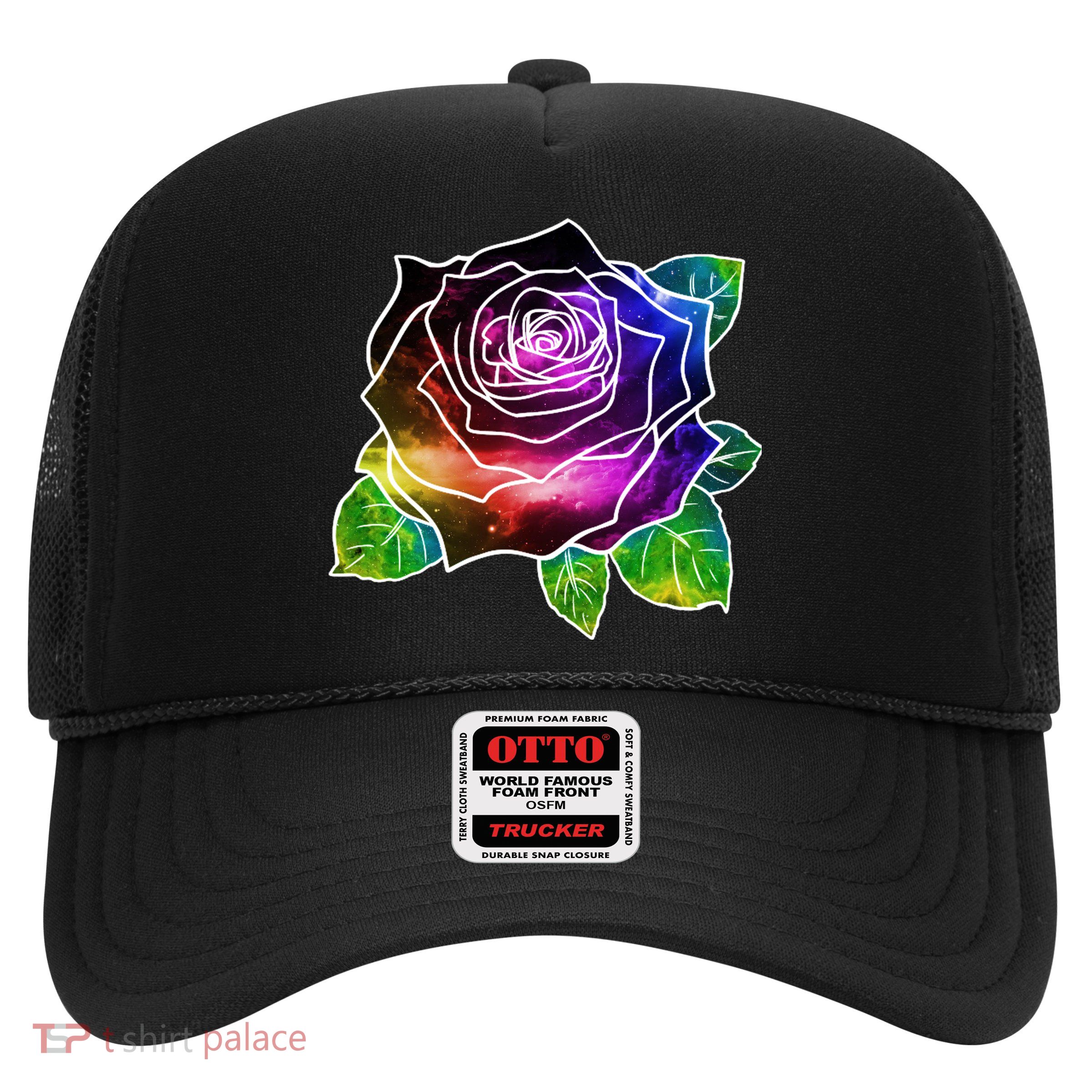 Rainbow Galaxy Floral Rose Trucker Hat