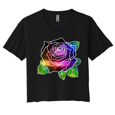 Rainbow Galaxy Floral Rose Women's Crop Top Tee