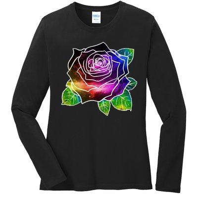 Rainbow Galaxy Floral Rose Ladies Long Sleeve Shirt