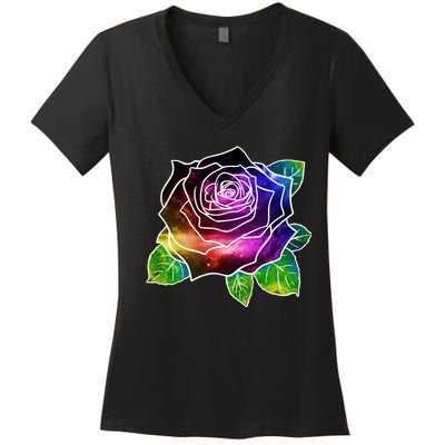 Rainbow Galaxy Floral Rose Women's V-Neck T-Shirt