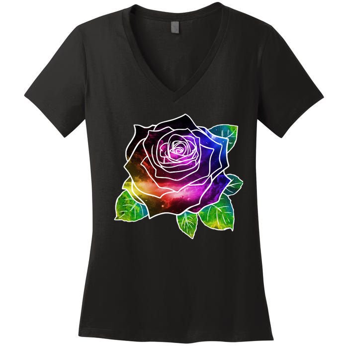 Rainbow Galaxy Floral Rose Women's V-Neck T-Shirt