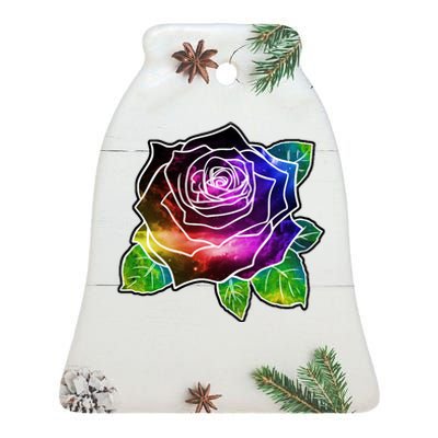 Rainbow Galaxy Floral Rose Ceramic Bell Ornament