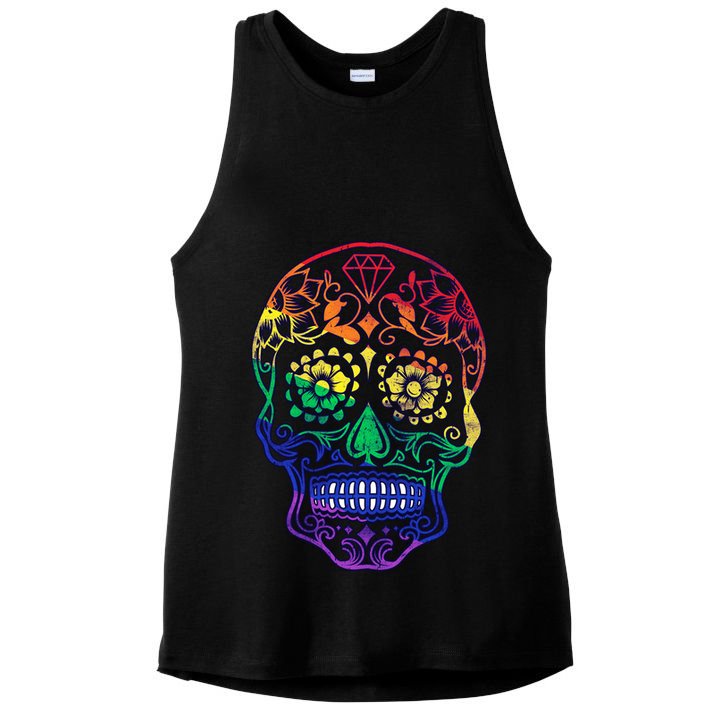 Rainbow Gay Pride Sugar Skull Ladies PosiCharge Tri-Blend Wicking Tank
