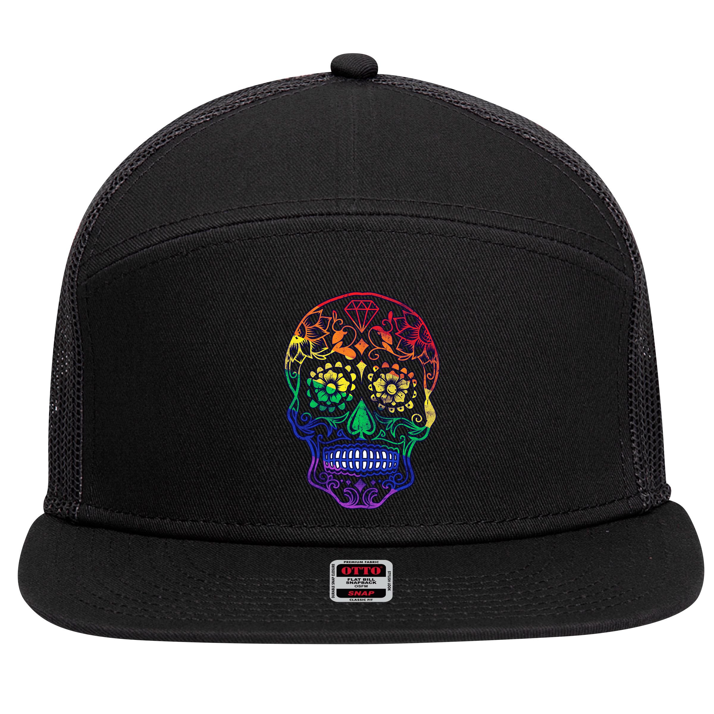 Rainbow Gay Pride Sugar Skull 7 Panel Mesh Trucker Snapback Hat