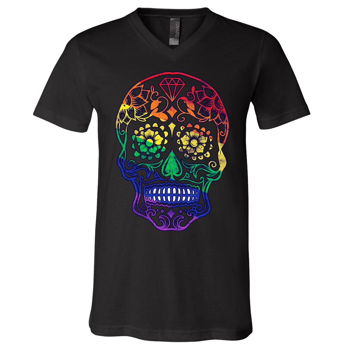 Rainbow Gay Pride Sugar Skull V-Neck T-Shirt