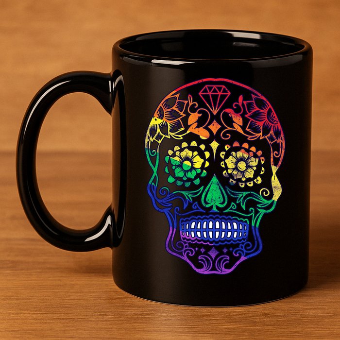 Rainbow Gay Pride Sugar Skull 11oz C Handle Ceramic Mug