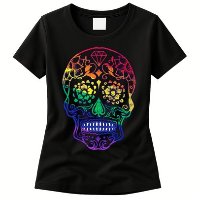 Rainbow Gay Pride Sugar Skull Womens T-Shirt