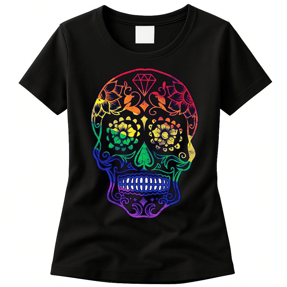 Rainbow Gay Pride Sugar Skull Womens T-Shirt