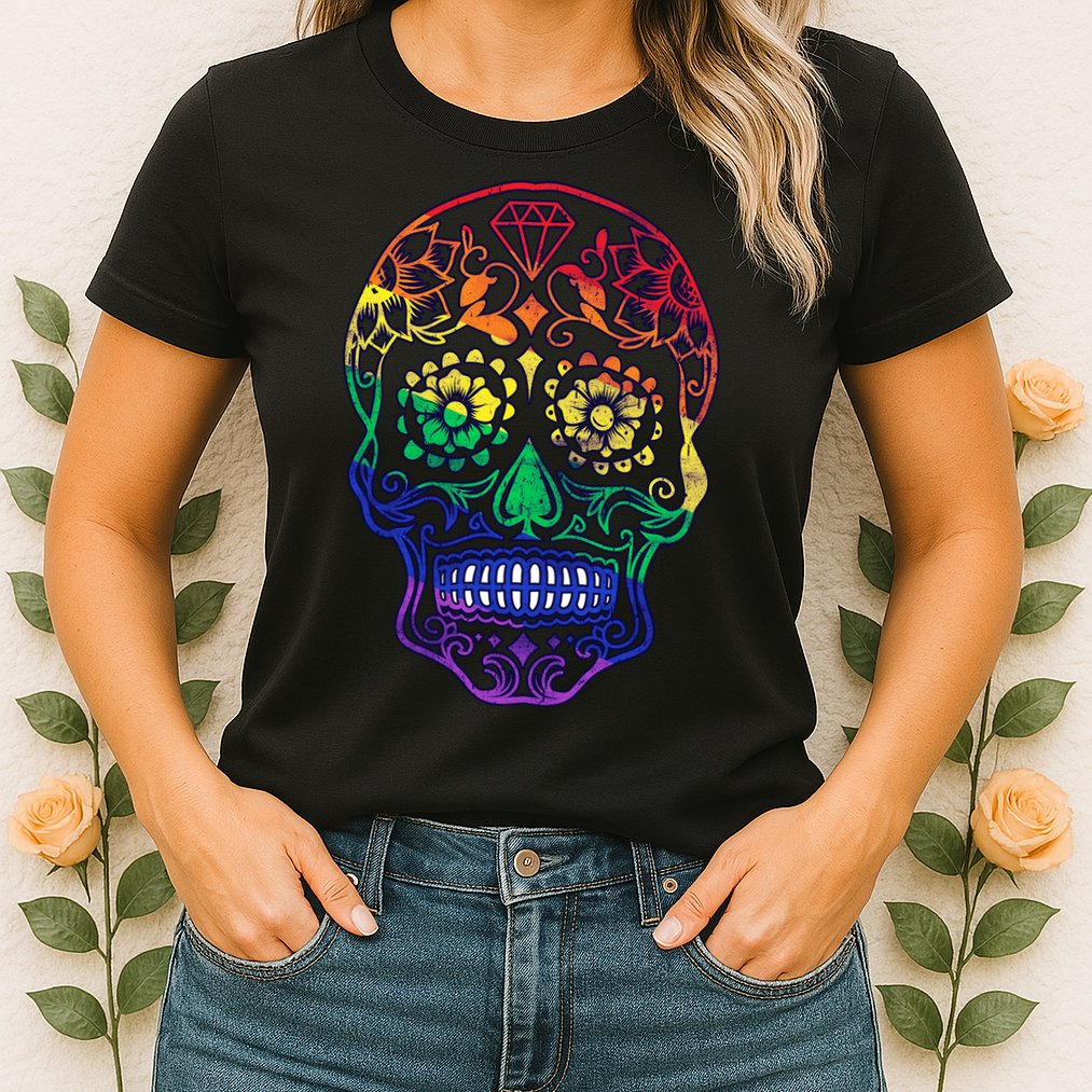 Rainbow Gay Pride Sugar Skull Womens T-Shirt