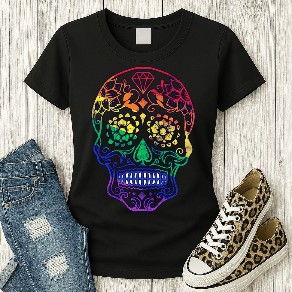 Rainbow Gay Pride Sugar Skull Womens T-Shirt