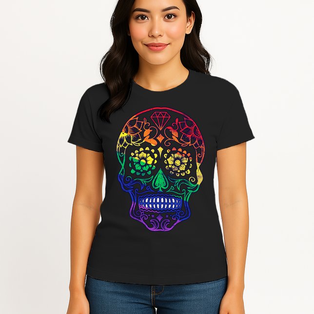 Rainbow Gay Pride Sugar Skull Womens T-Shirt