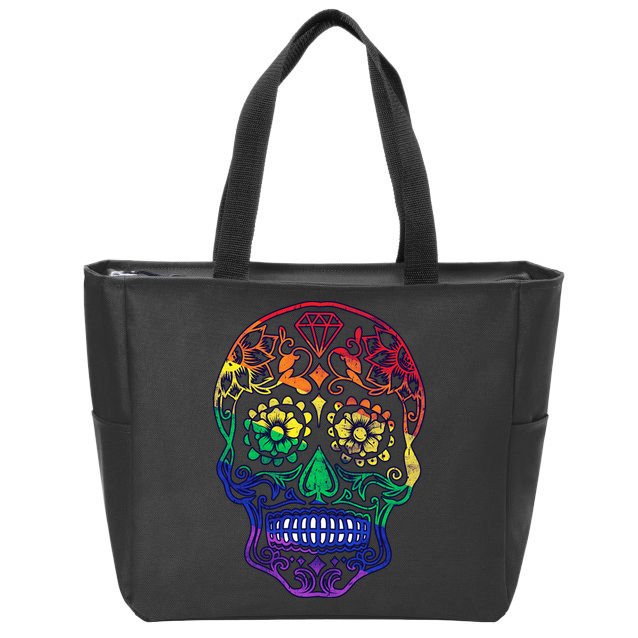 Rainbow Gay Pride Sugar Skull Zip Tote Bag