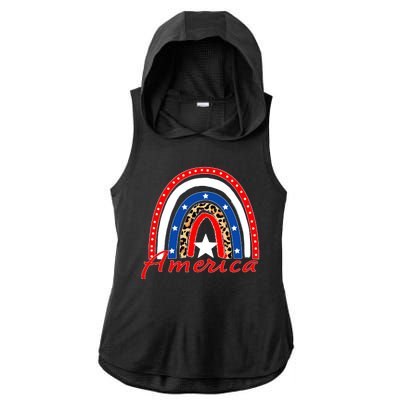 Rainbow Leopard American Flag 4th of July Ladies PosiCharge Tri-Blend Wicking Draft Hoodie Tank