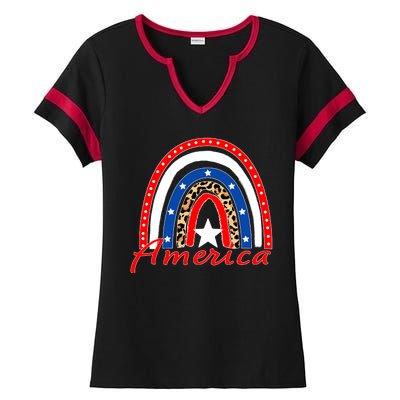 Rainbow Leopard American Flag 4th of July Ladies Halftime Notch Neck Tee