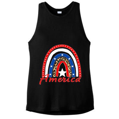 Rainbow Leopard American Flag 4th of July Ladies PosiCharge Tri-Blend Wicking Tank