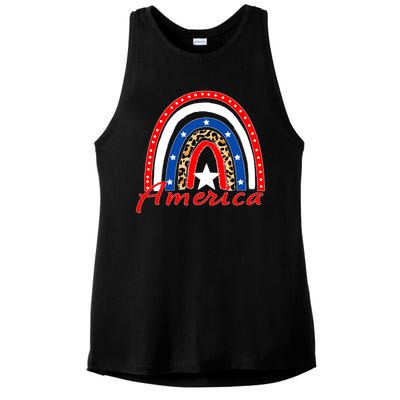 Rainbow Leopard American Flag 4th of July Ladies PosiCharge Tri-Blend Wicking Tank