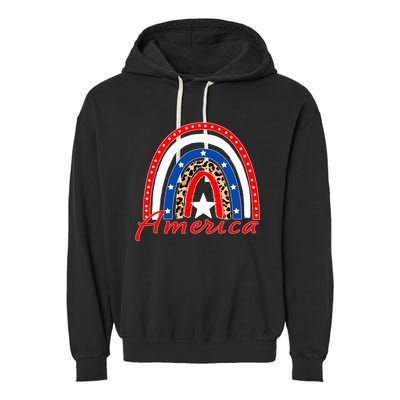 Rainbow Leopard American Flag 4th of July Garment-Dyed Fleece Hoodie