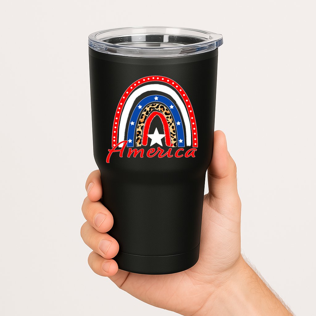 Rainbow Leopard American Flag 4th of July Tumbler